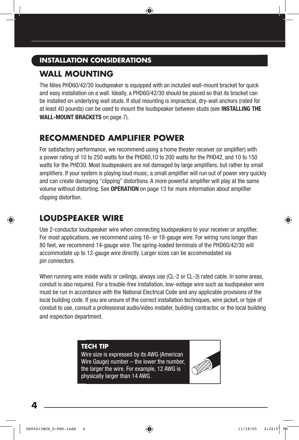 Wall mounting, Recommended amplifier power, Loudspeaker wire | Niles Audio PHD60 User Manual | Page 6 / 20