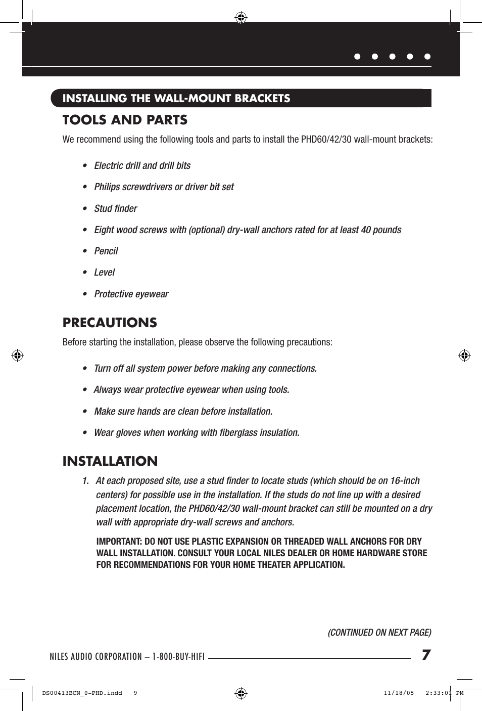 Tools and parts, Precautions, Installation | Niles Audio PHD60 User Manual | Page 9 / 20