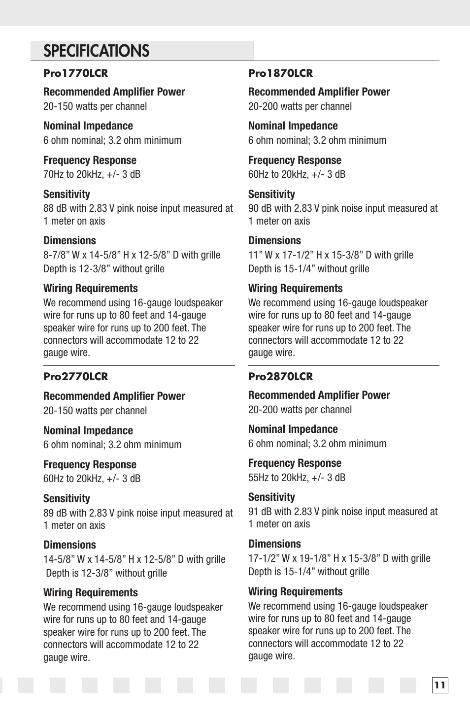 Specifications | Niles Audio PRO2770LCR User Manual | Page 13 / 16
