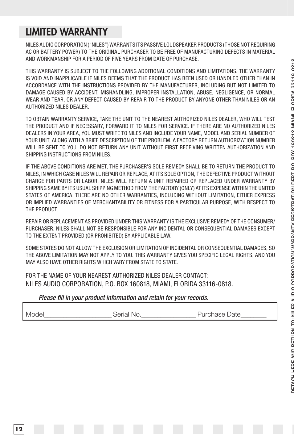 Limited warranty | Niles Audio PRO2770LCR User Manual | Page 14 / 16