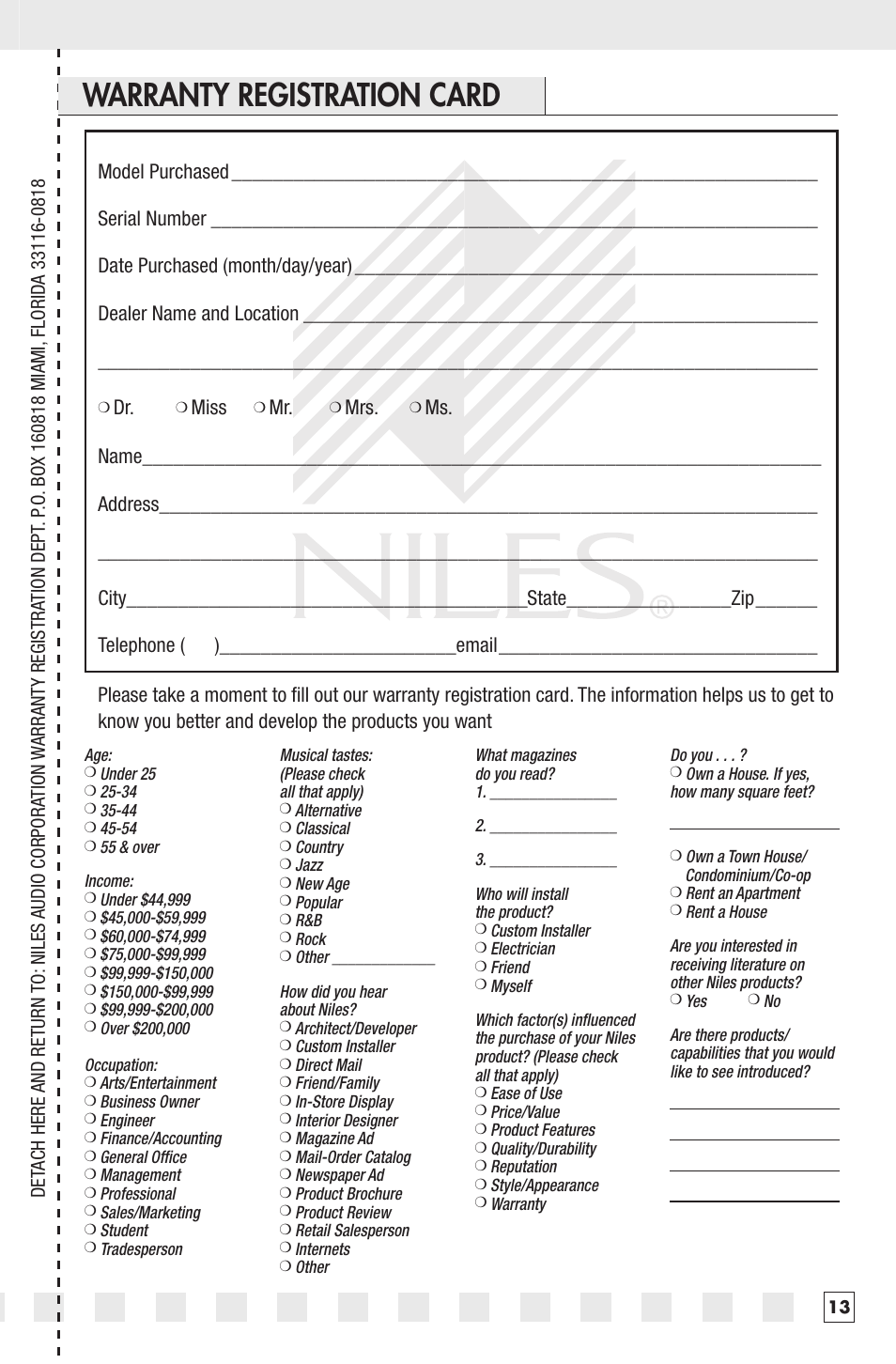 Warranty registration card | Niles Audio PRO2770LCR User Manual | Page 15 / 16