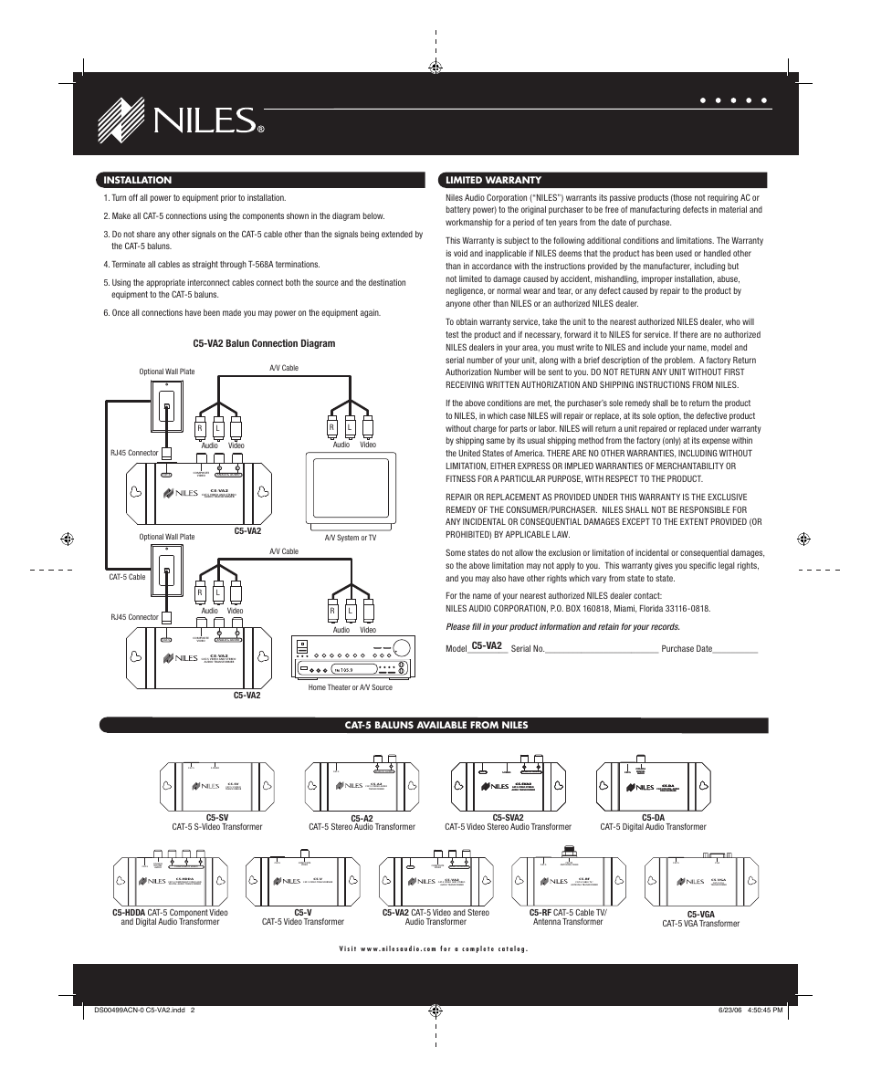 C5-va2, C5-va2 balun connection diagram, Cat-5 baluns available from niles | C5-va2 cat-5 video and stereo audio transformer, C5-rf cat-5 cable tv/ antenna transformer, C5-vga cat-5 vga transformer, C5-v cat-5 video transformer, C5-da cat-5 digital audio transformer, C5-sva2 cat-5 video stereo audio transformer, C5-a2 cat-5 stereo audio transformer | Niles Audio C5-VA2 User Manual | Page 3 / 3