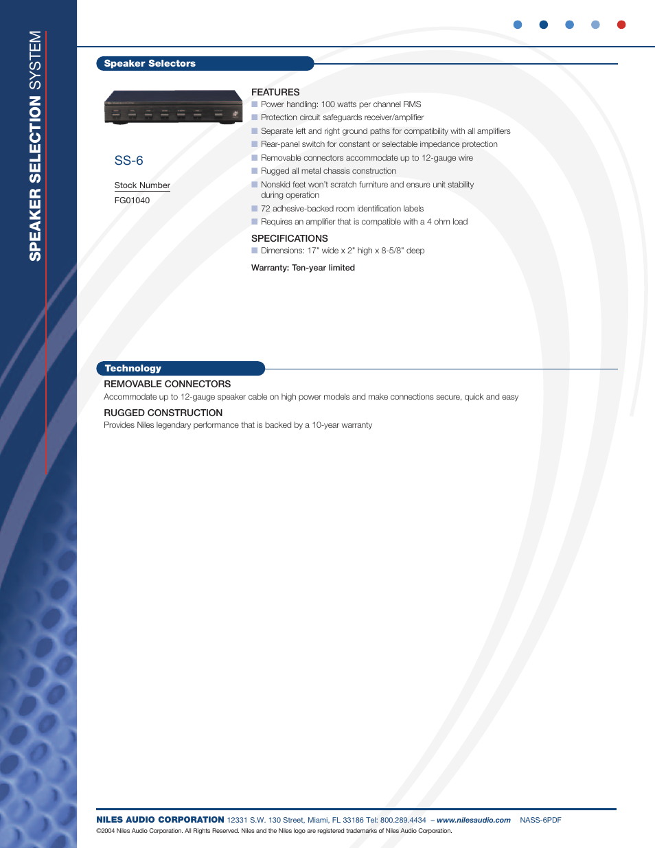 Speaker selection system, Ss-6 | Niles Audio 643-043 User Manual | Page 2 / 2