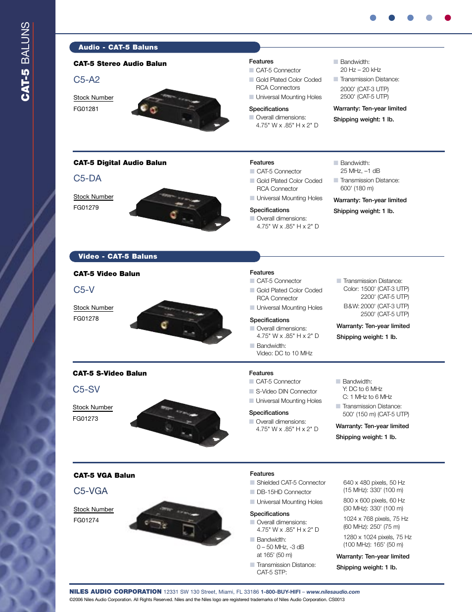 Ca t-5 baluns, C5-a2, C5-da | C5-v, C5-sv, C5-vga | Niles Audio 650-005 User Manual | Page 2 / 3