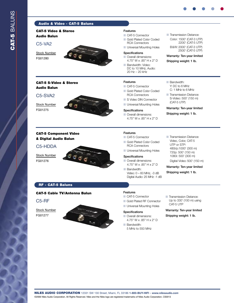 Ca t-5 baluns, C5-rf, C5-sva2 | C5-va2, C5-hdda | Niles Audio 650-005 User Manual | Page 3 / 3