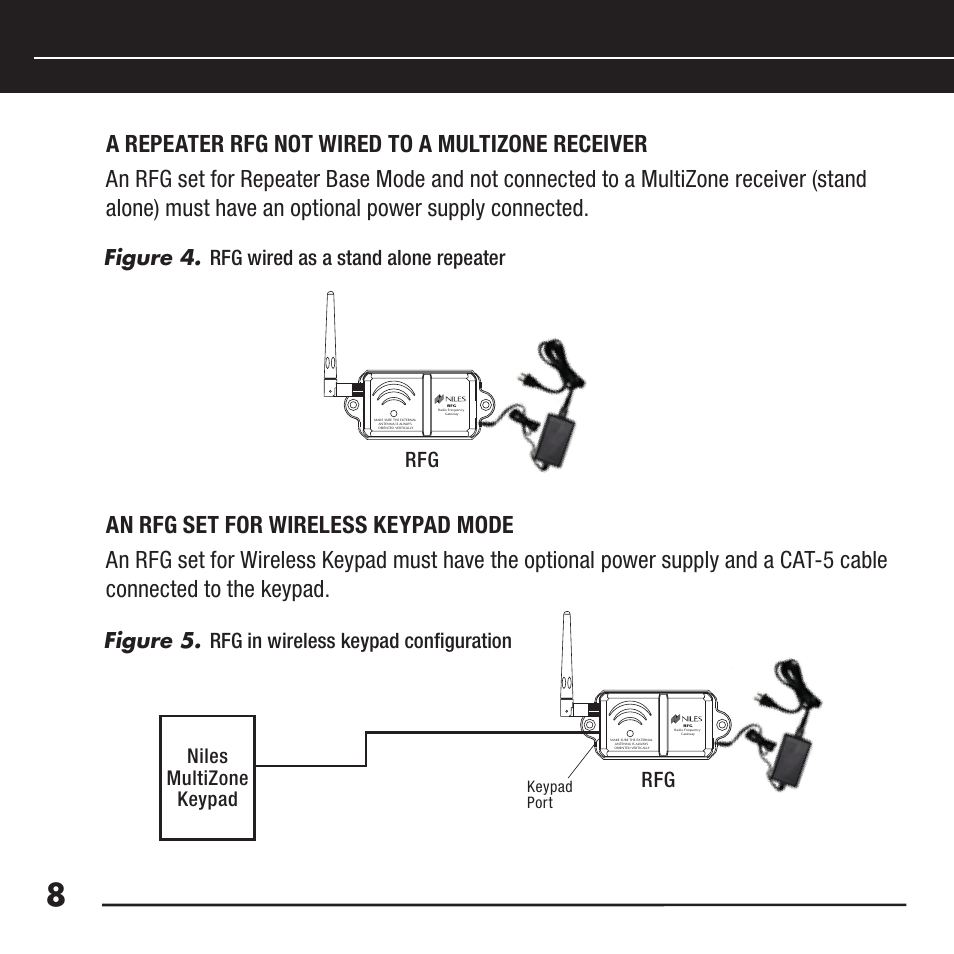 Figure 4, Rfg wired as a stand alone repeater rfg figure 5, Rfg in wireless keypad configuration | Niles multizone keypad | Niles Audio RFG User Manual | Page 10 / 24