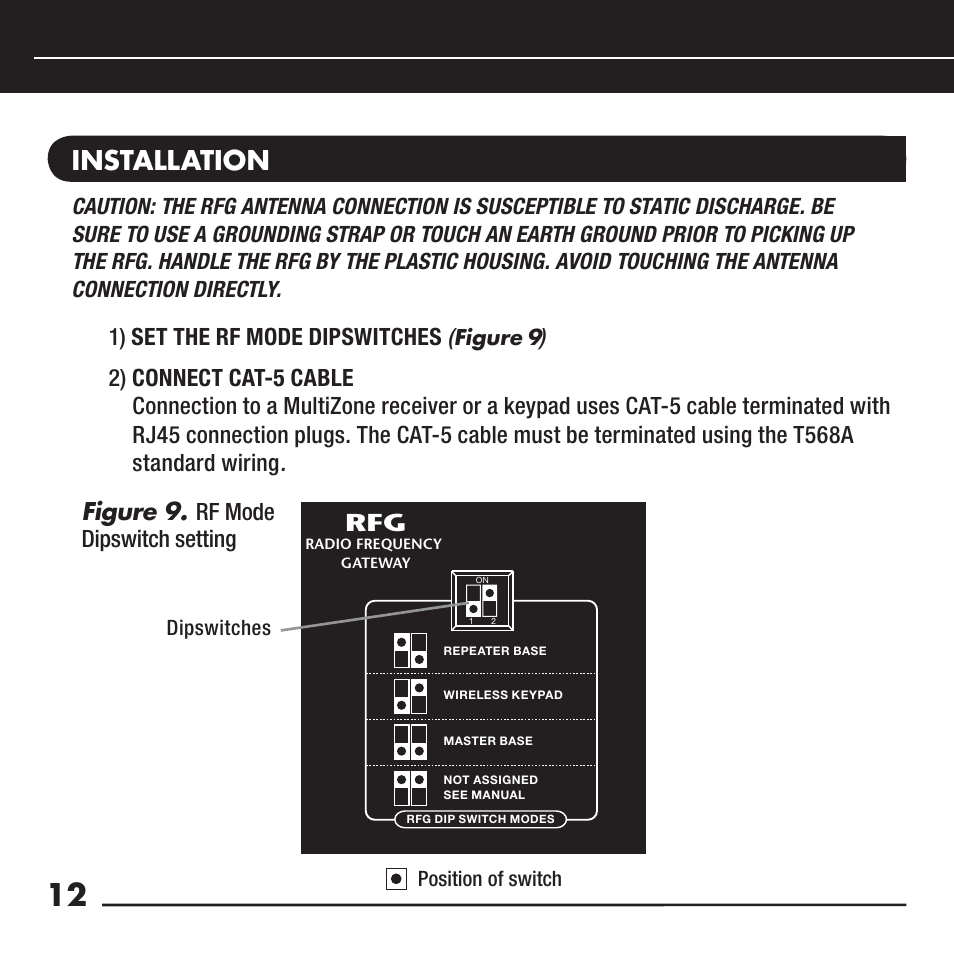Installation, 1) set the rf mode dipswitches, Figure 9 | Rf mode dipswitch setting | Niles Audio RFG User Manual | Page 14 / 24