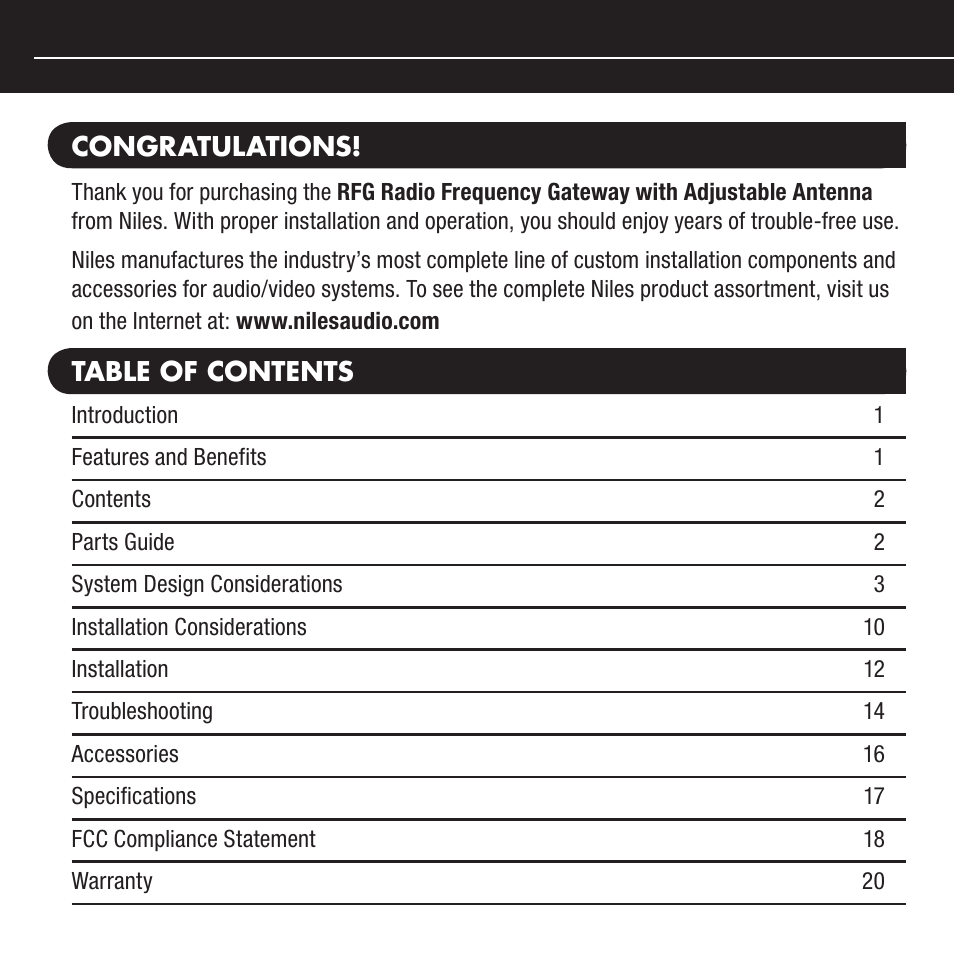 Niles Audio RFG User Manual | Page 2 / 24