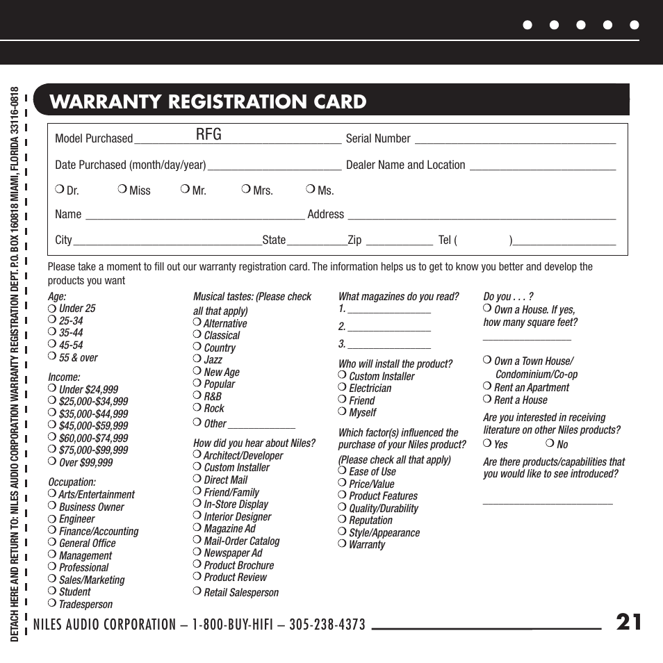 Warranty registration card | Niles Audio RFG User Manual | Page 23 / 24