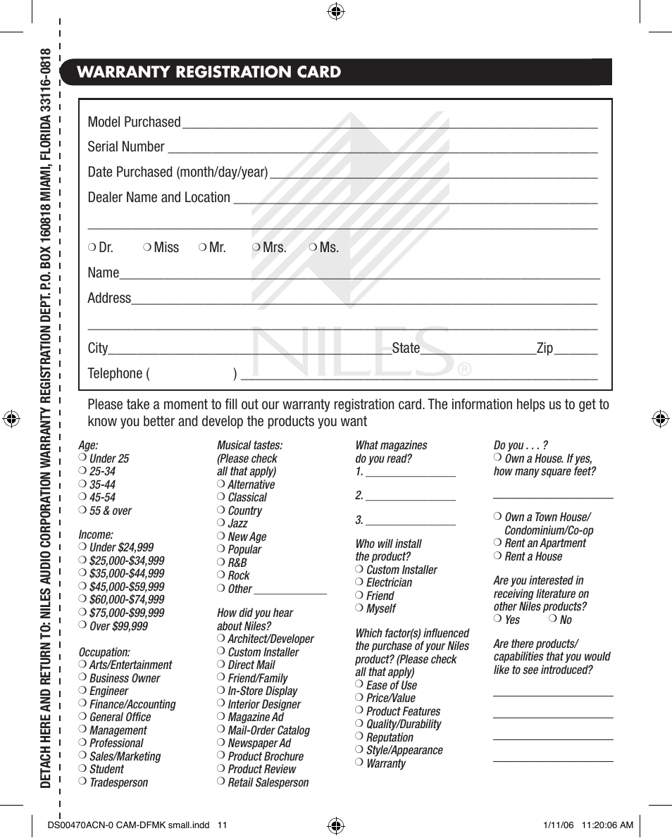 Warranty registration card | Niles Audio CAM-DFMK User Manual | Page 11 / 12