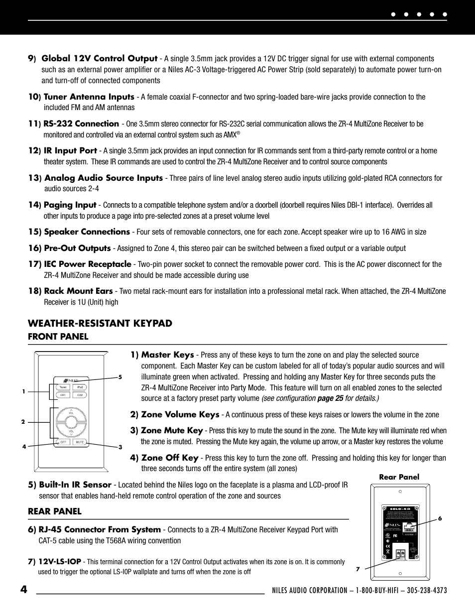 Weather-resistant keypad, Front panel, Rear panel | Niles Audio ZR-4 User Manual | Page 6 / 32