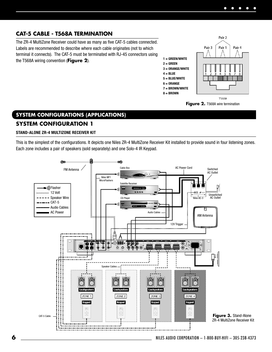 Cat-5 cable - t568a termination, System configuration 1, System configurations (applications) | Niles Audio ZR-4 User Manual | Page 8 / 32