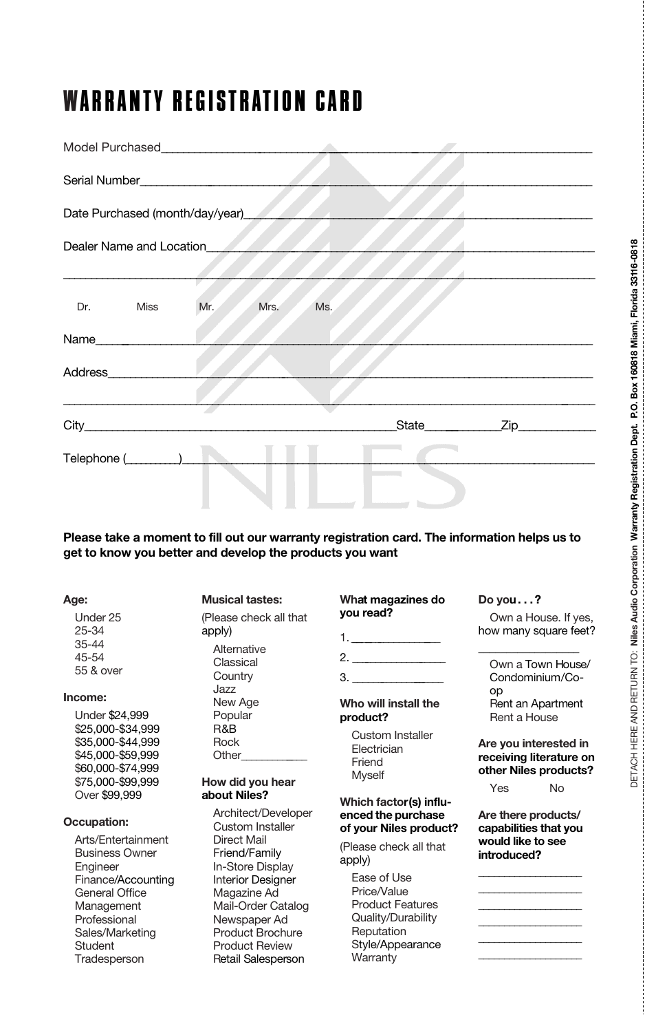 Warranty registration card | Niles Audio MP6 User Manual | Page 26 / 28