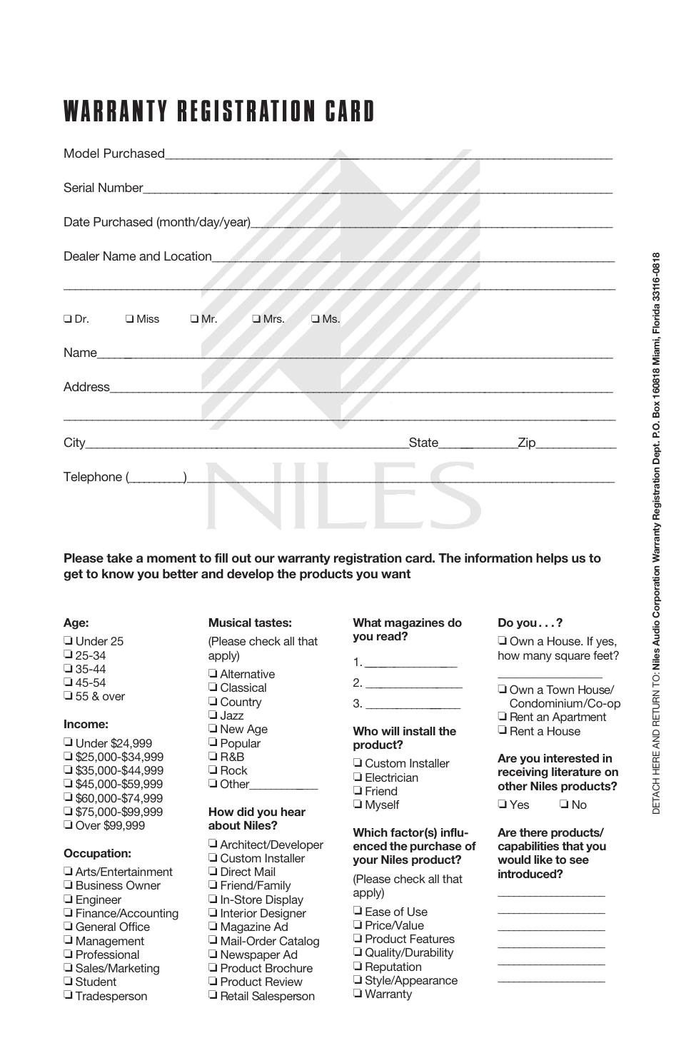 Warranty registration card | Niles Audio Niles CM5HD User Manual | Page 4 / 24