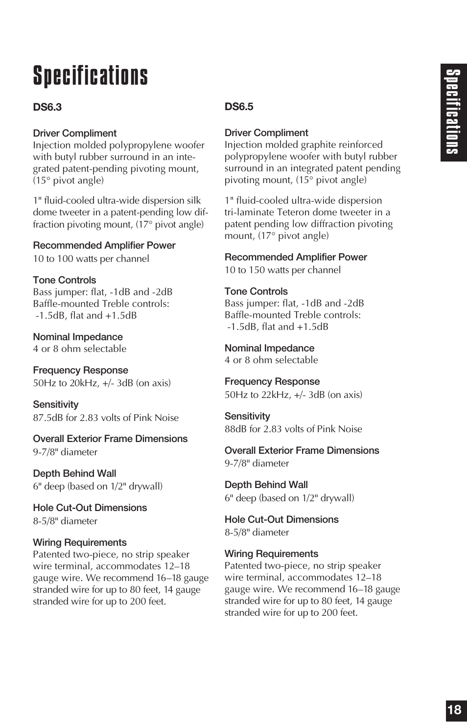 Specifications, Specifica tions | Niles Audio DS6.5 User Manual | Page 19 / 24