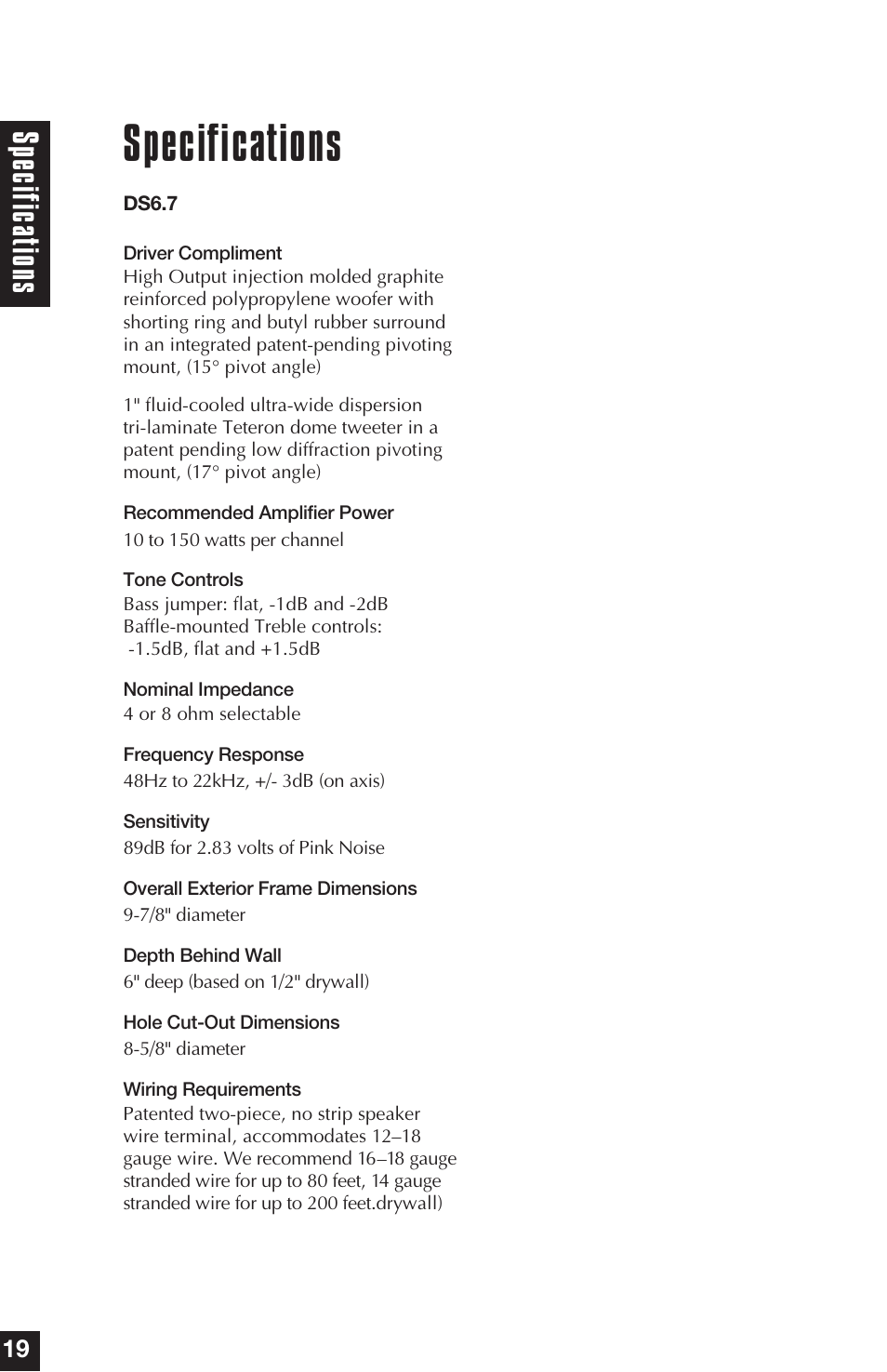 Specifications, Specifica tions | Niles Audio DS6.5 User Manual | Page 20 / 24