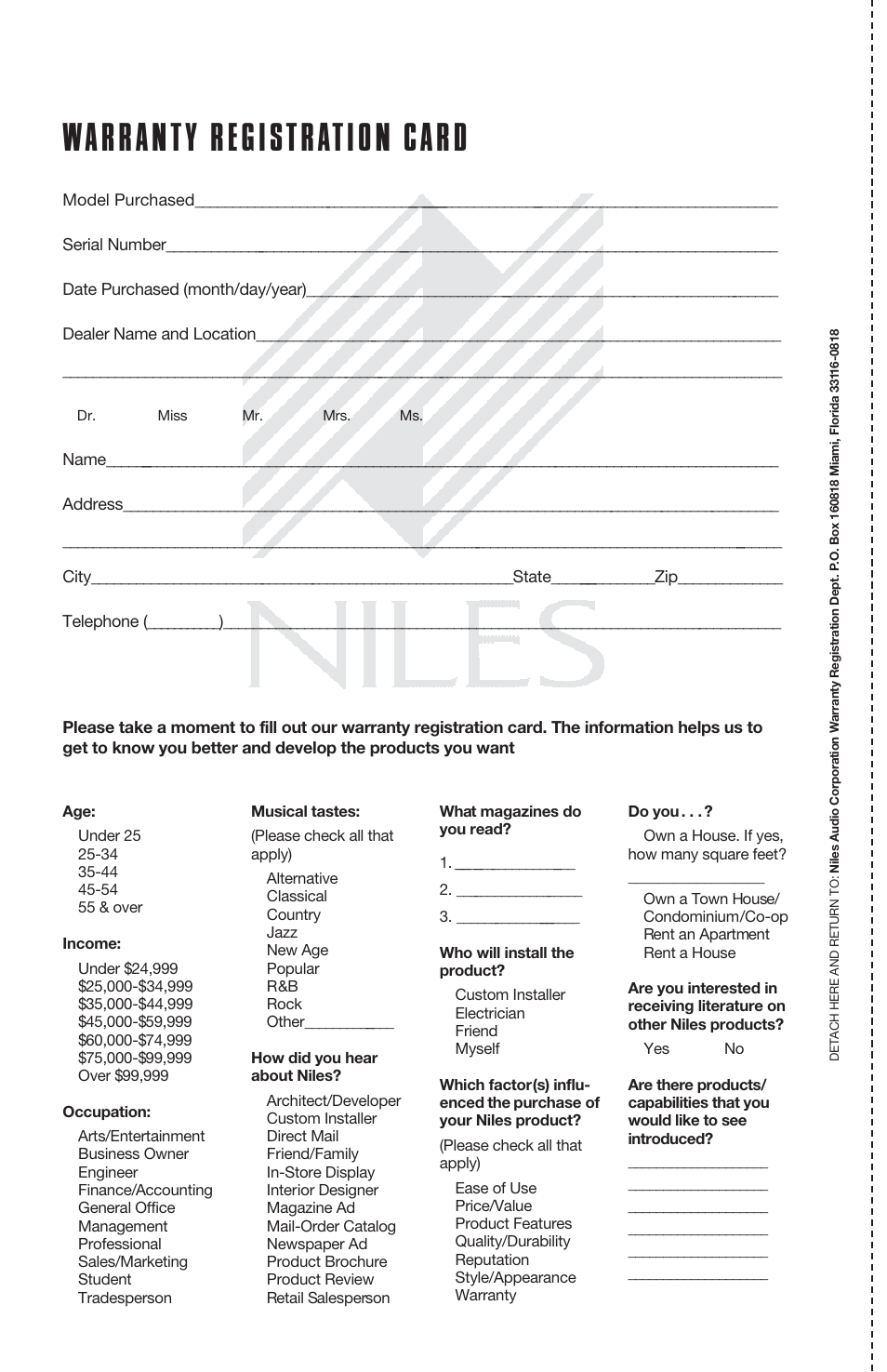 Warranty registration card | Niles Audio DS6.5 User Manual | Page 22 / 24