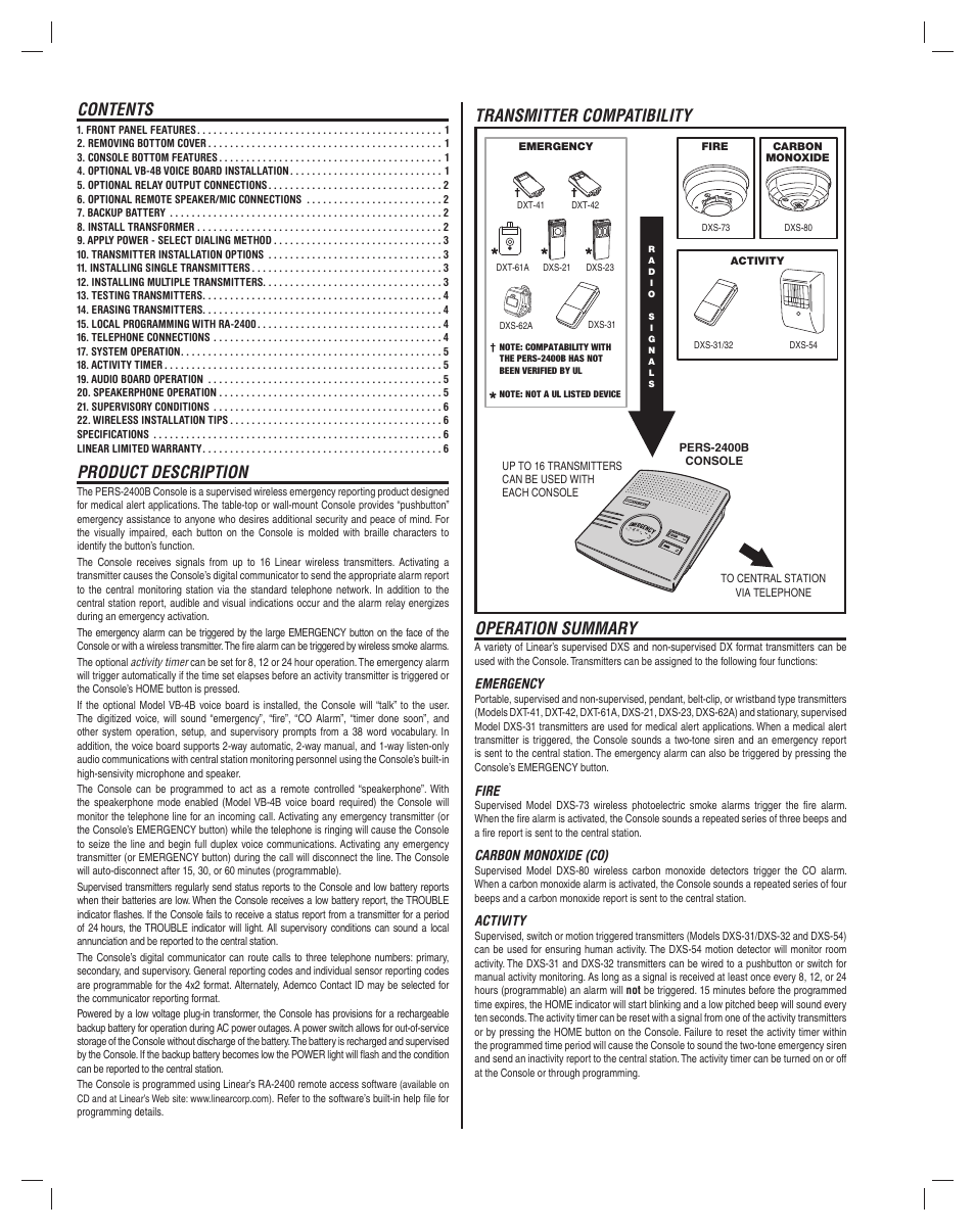 Contents product description, Transmitter compatibility operation summary | Niles Audio Personal Emergency Reporting System PERS-2400B User Manual | Page 2 / 8