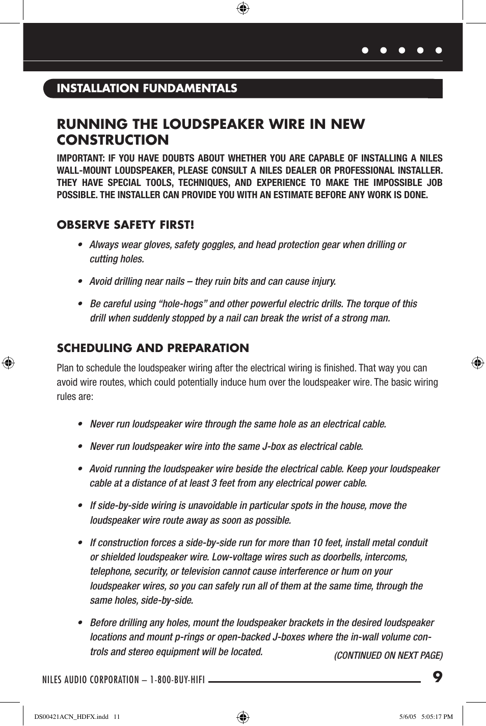 Running the loudspeaker wire in new construction | Niles Audio Speaker User Manual | Page 11 / 28