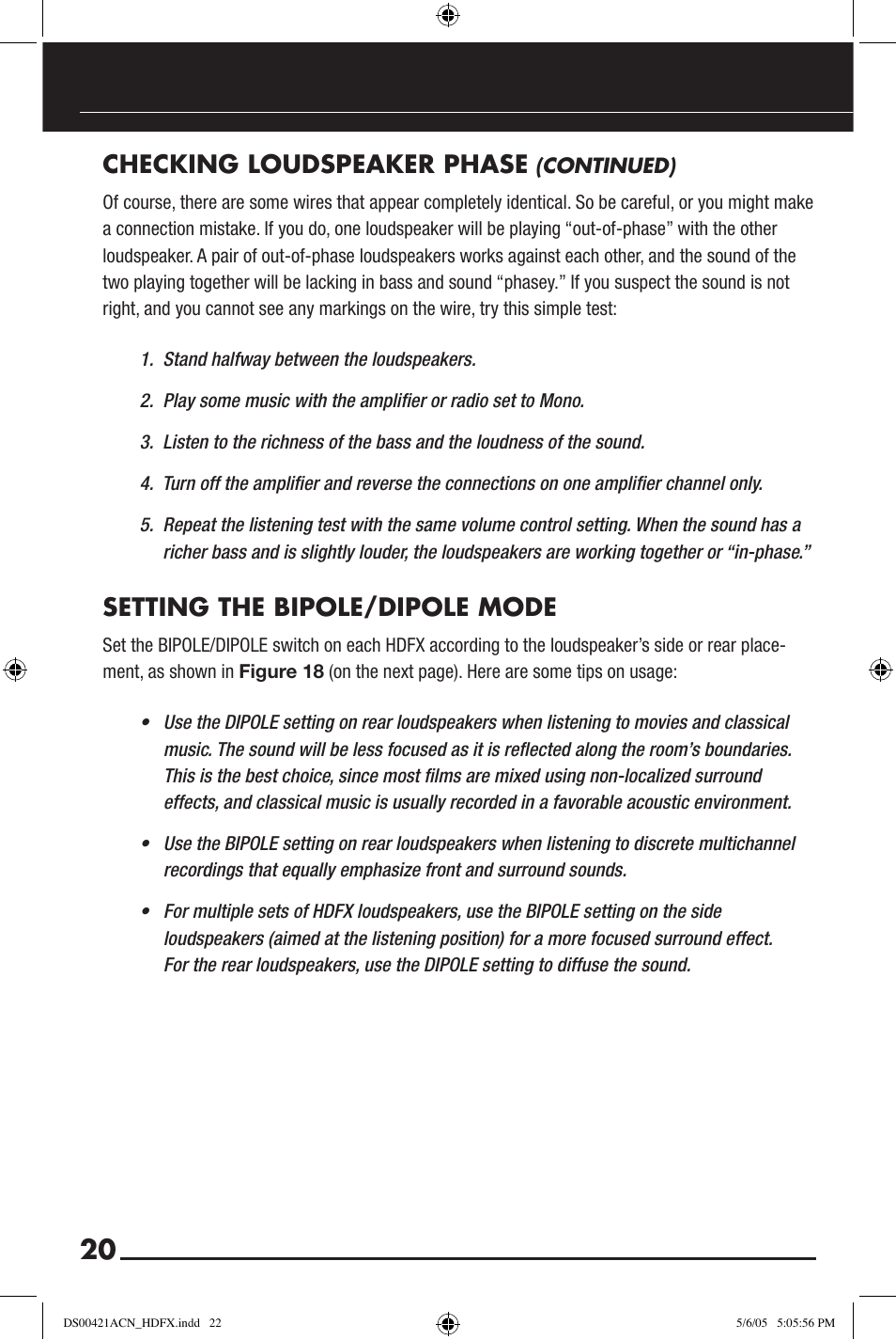 Checking loudspeaker phase, Setting the bipole/dipole mode | Niles Audio Speaker User Manual | Page 22 / 28