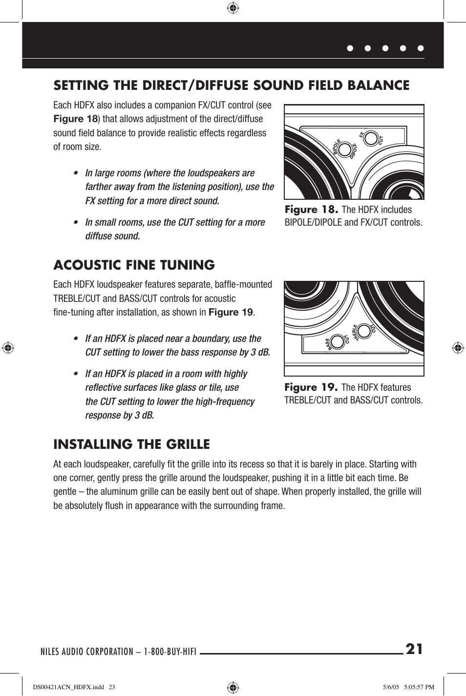 Setting the direct/diffuse sound field balance, Acoustic fine tuning, Installing the grille | Niles Audio Speaker User Manual | Page 23 / 28