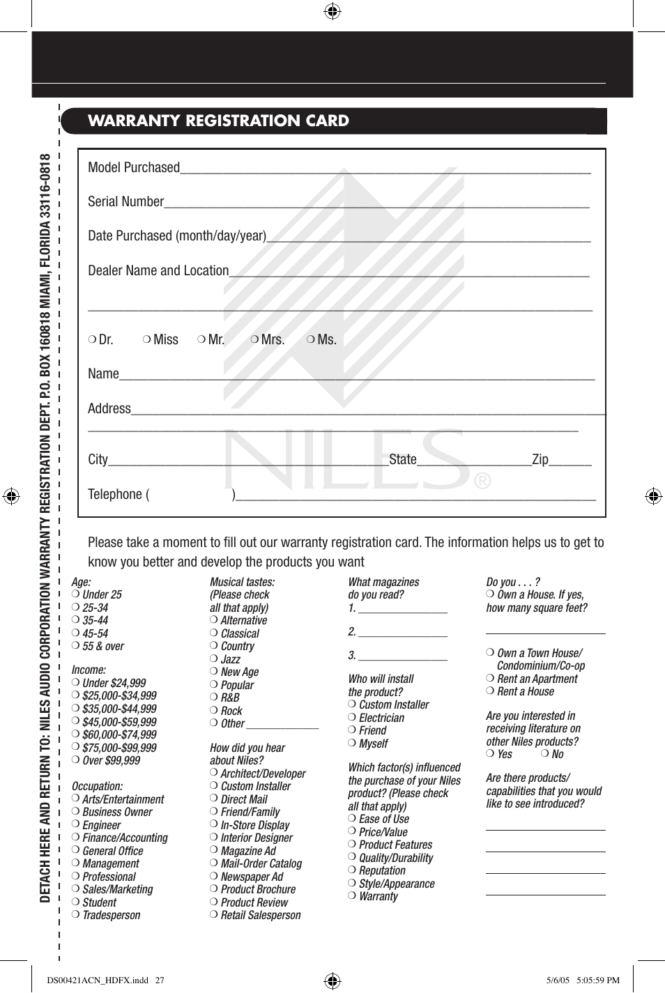 Warranty registration card | Niles Audio Speaker User Manual | Page 27 / 28