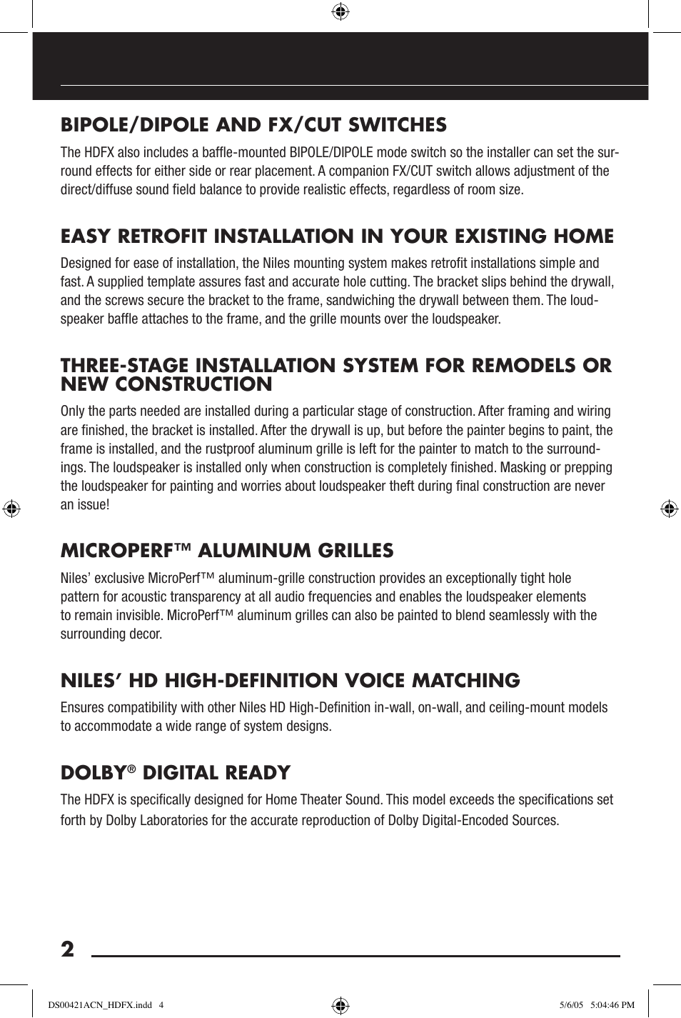 Bipole/dipole and fx/cut switches, Easy retrofit installation in your existing home, Microperf™ aluminum grilles | Niles’ hd high-definition voice matching, Dolby, Digital ready | Niles Audio Speaker User Manual | Page 4 / 28