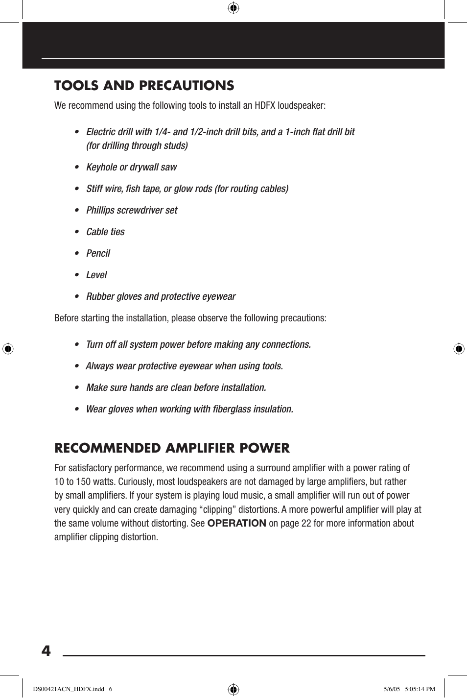 Tools and precautions, Recommended amplifier power | Niles Audio Speaker User Manual | Page 6 / 28