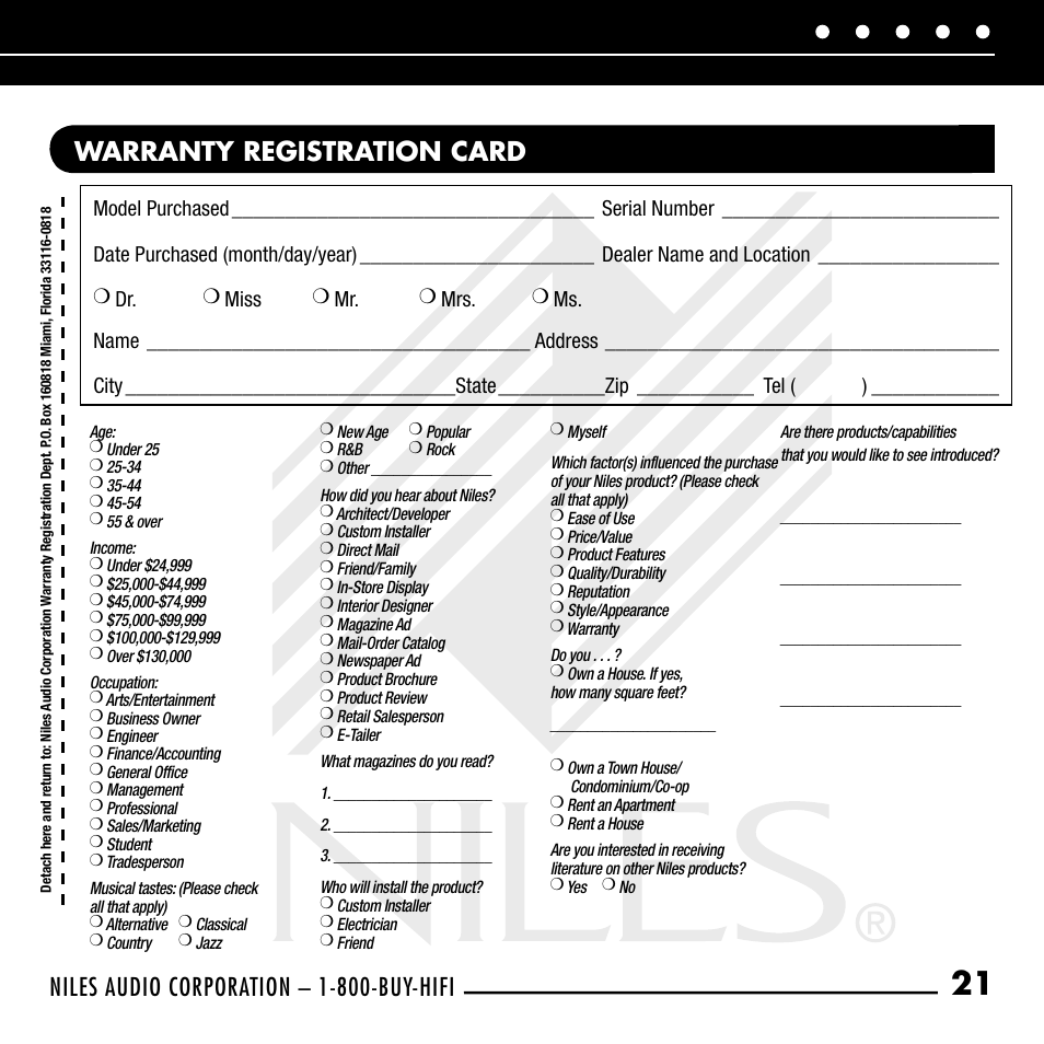 Warranty registration card, Niles audio corporation – 1-800-buy-hifi | Niles Audio RCA-SM User Manual | Page 23 / 24