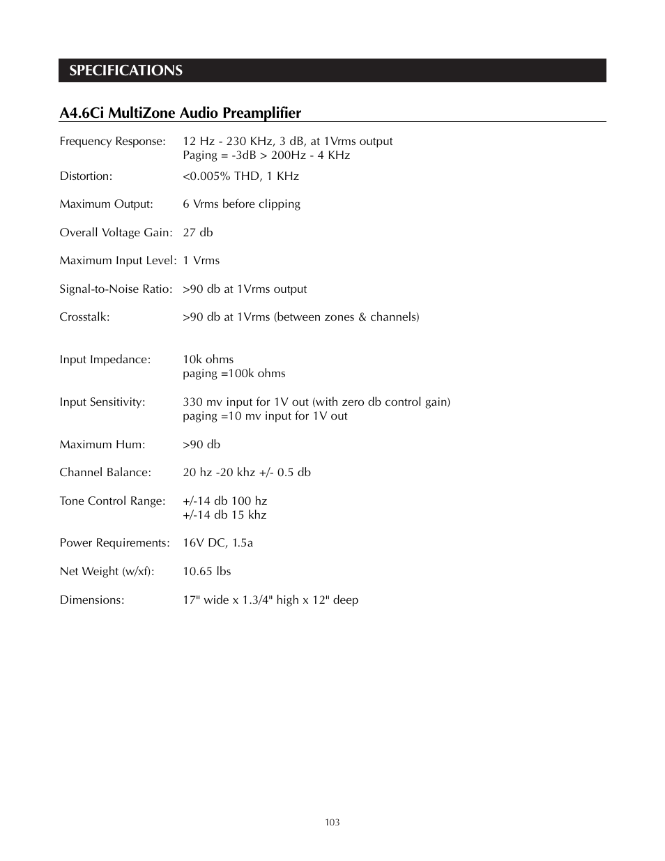 Specifications a4.6ci multizone audio preamplifier | Niles Audio A4.6Ci User Manual | Page 103 / 107