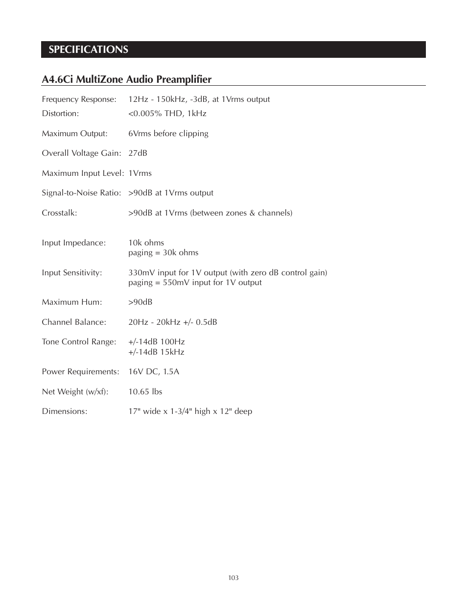 Specifications a4.6ci multizone audio preamplifier | Niles Audio A4.6Ci User Manual | Page 107 / 107