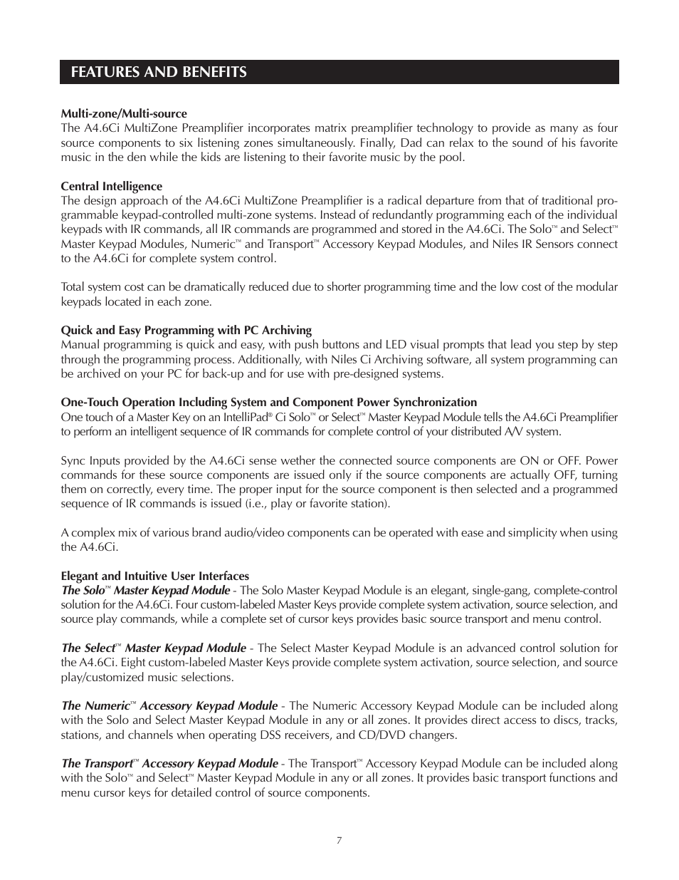 Features and benefits | Niles Audio A4.6Ci User Manual | Page 7 / 107