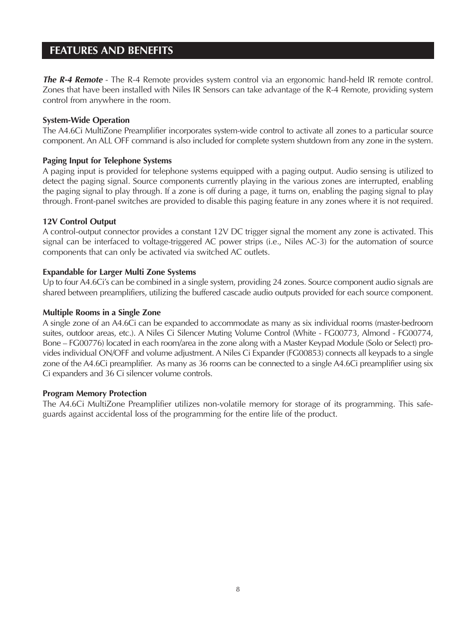 Features and benefits | Niles Audio A4.6Ci User Manual | Page 8 / 107