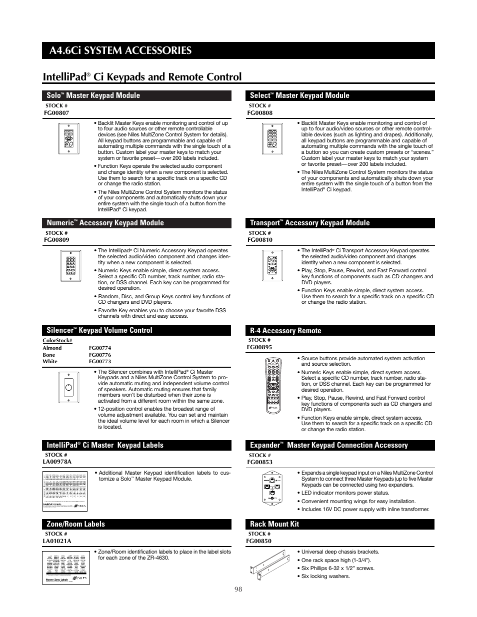 A4.6ci system accessories, Intellipad, Ci keypads and remote control | Solo, Master keypad module, Numeric, Accessory keypad module, Zone/room labels, Expander, Master keypad connection accessory | Niles Audio A4.6Ci User Manual | Page 98 / 107