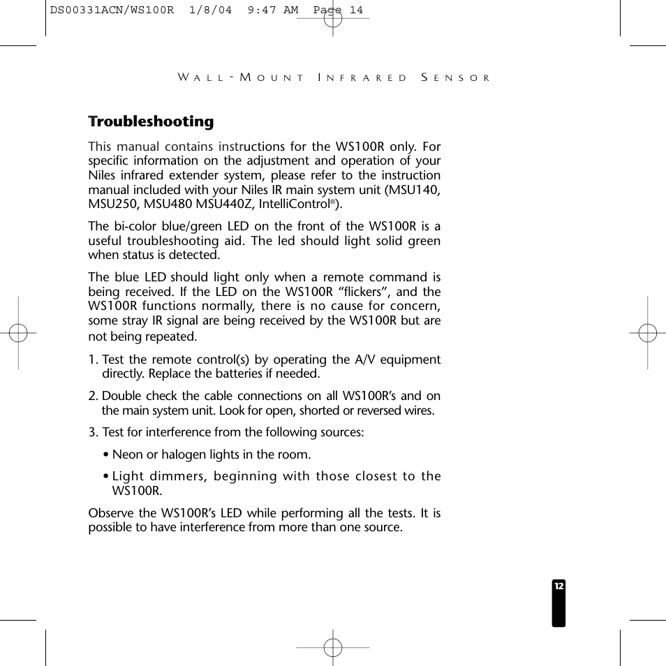 Troubleshooting | Niles Audio WS100R User Manual | Page 13 / 20