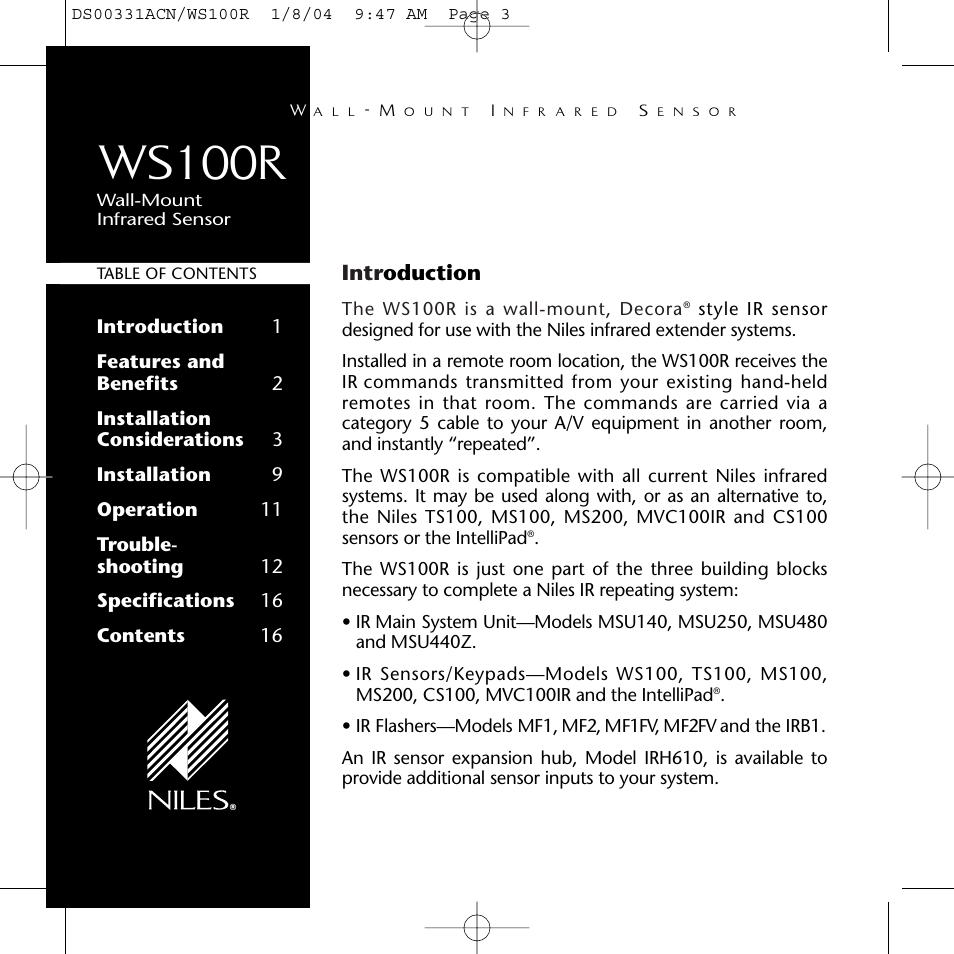 Ws100r, Intr oduction | Niles Audio WS100R User Manual | Page 2 / 20