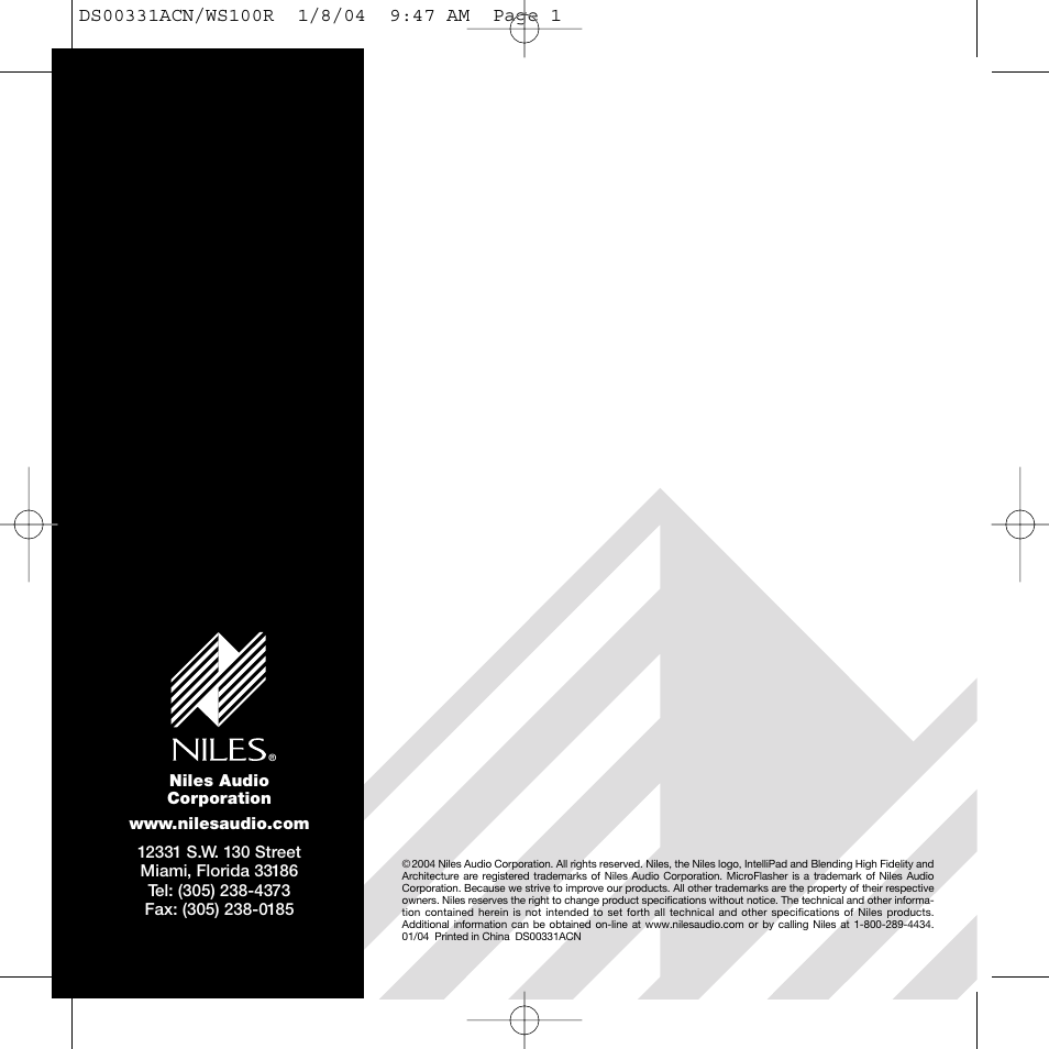 Niles Audio WS100R User Manual | Page 20 / 20