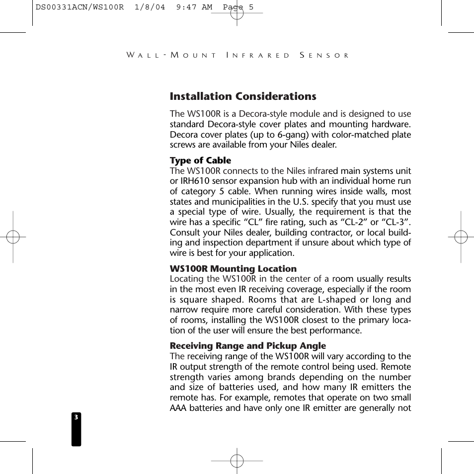 Installation considerations | Niles Audio WS100R User Manual | Page 4 / 20