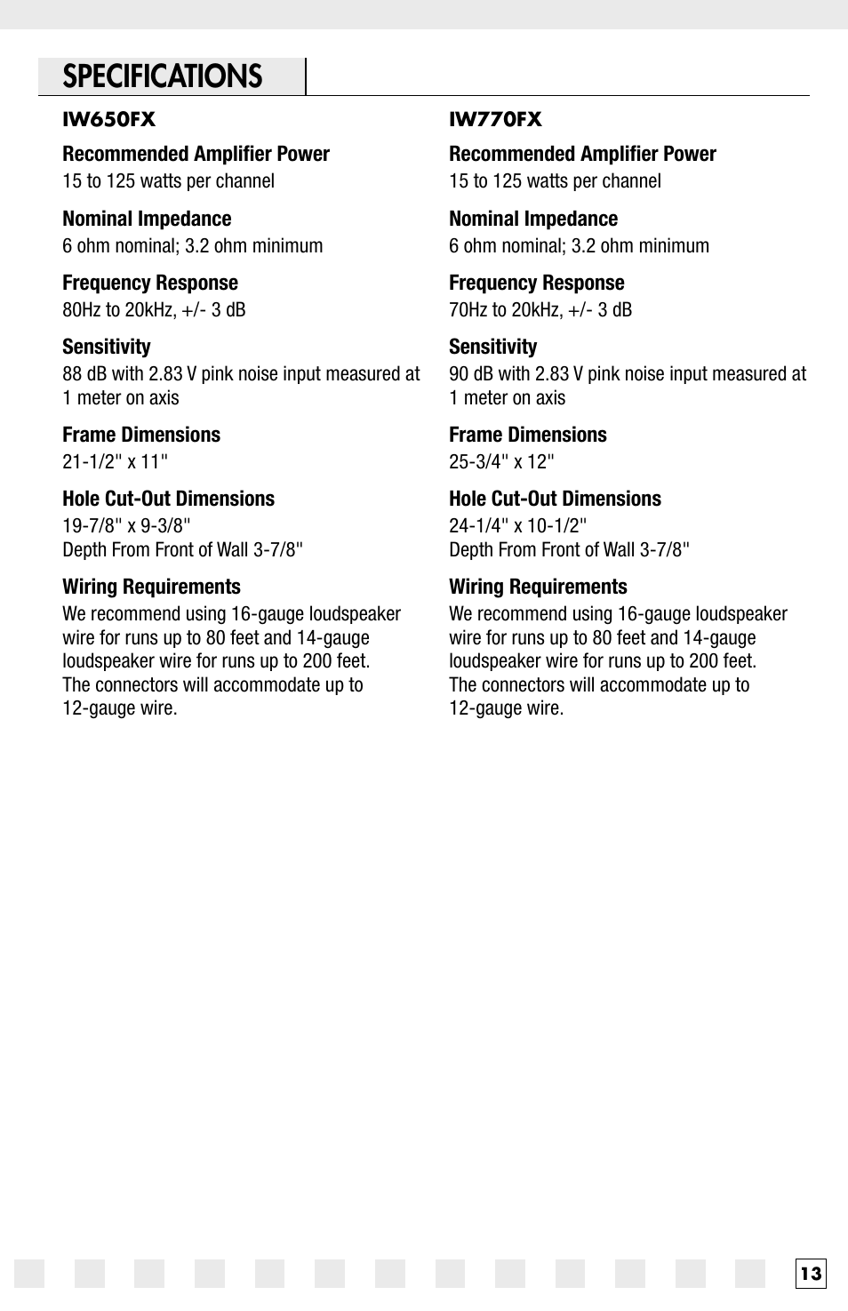 Specifications | Niles Audio IW650FX User Manual | Page 15 / 20