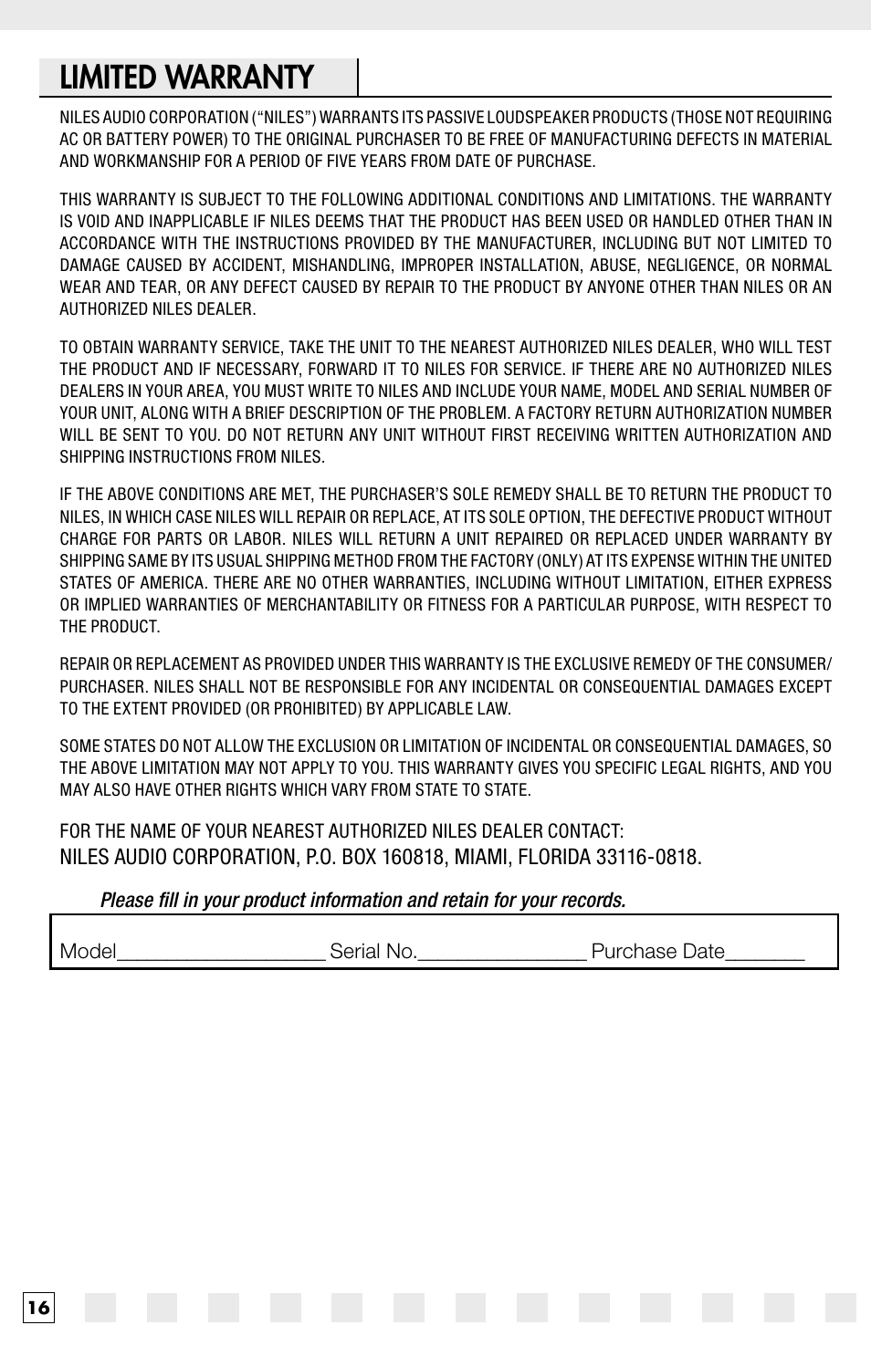 Limited warranty | Niles Audio IW650FX User Manual | Page 18 / 20