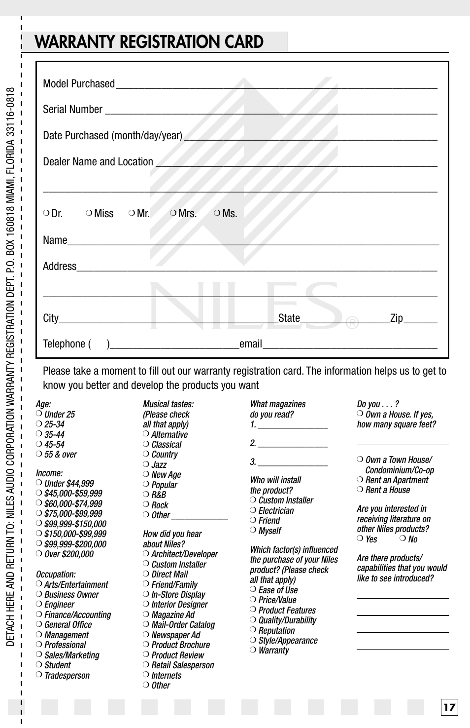 Warranty registration card, Miss | Niles Audio IW650FX User Manual | Page 19 / 20