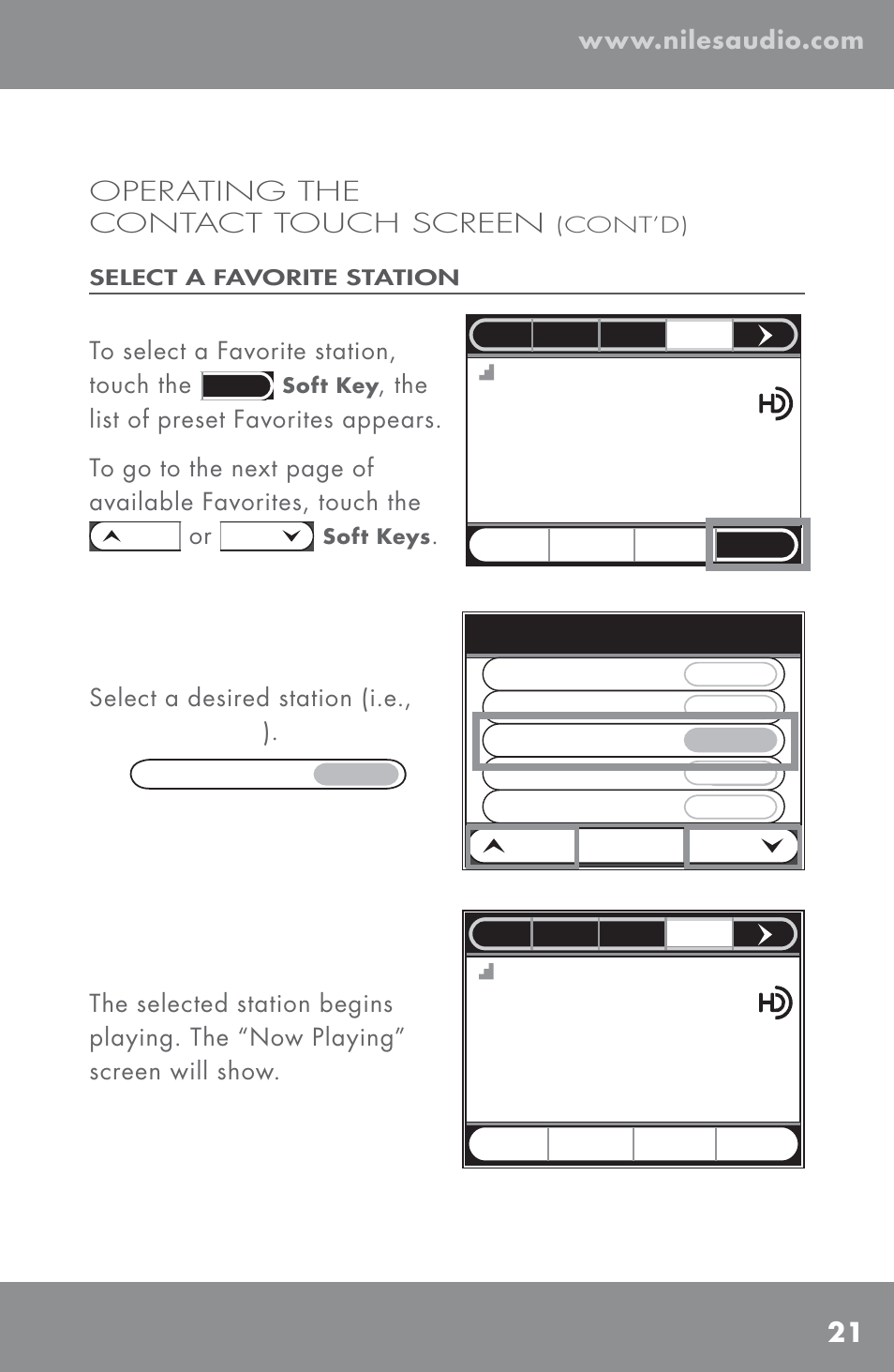 Operating the contact touch screen, The gap band, Dave matthews band | Select a desired station (i.e | Niles Audio TM-HD/R User Manual | Page 23 / 32