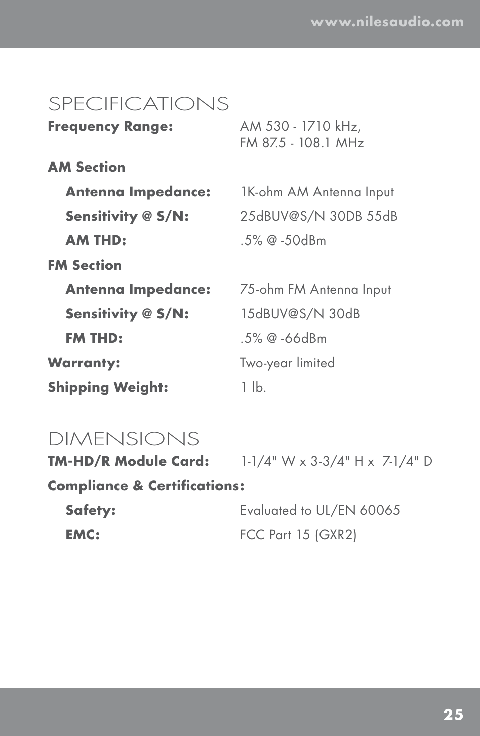 Specifications, Dimensions | Niles Audio TM-HD/R User Manual | Page 27 / 32