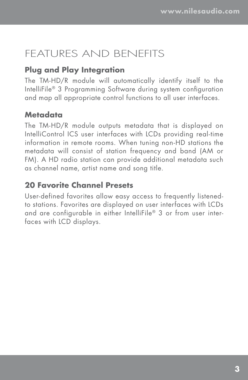 Features and benefits | Niles Audio TM-HD/R User Manual | Page 5 / 32