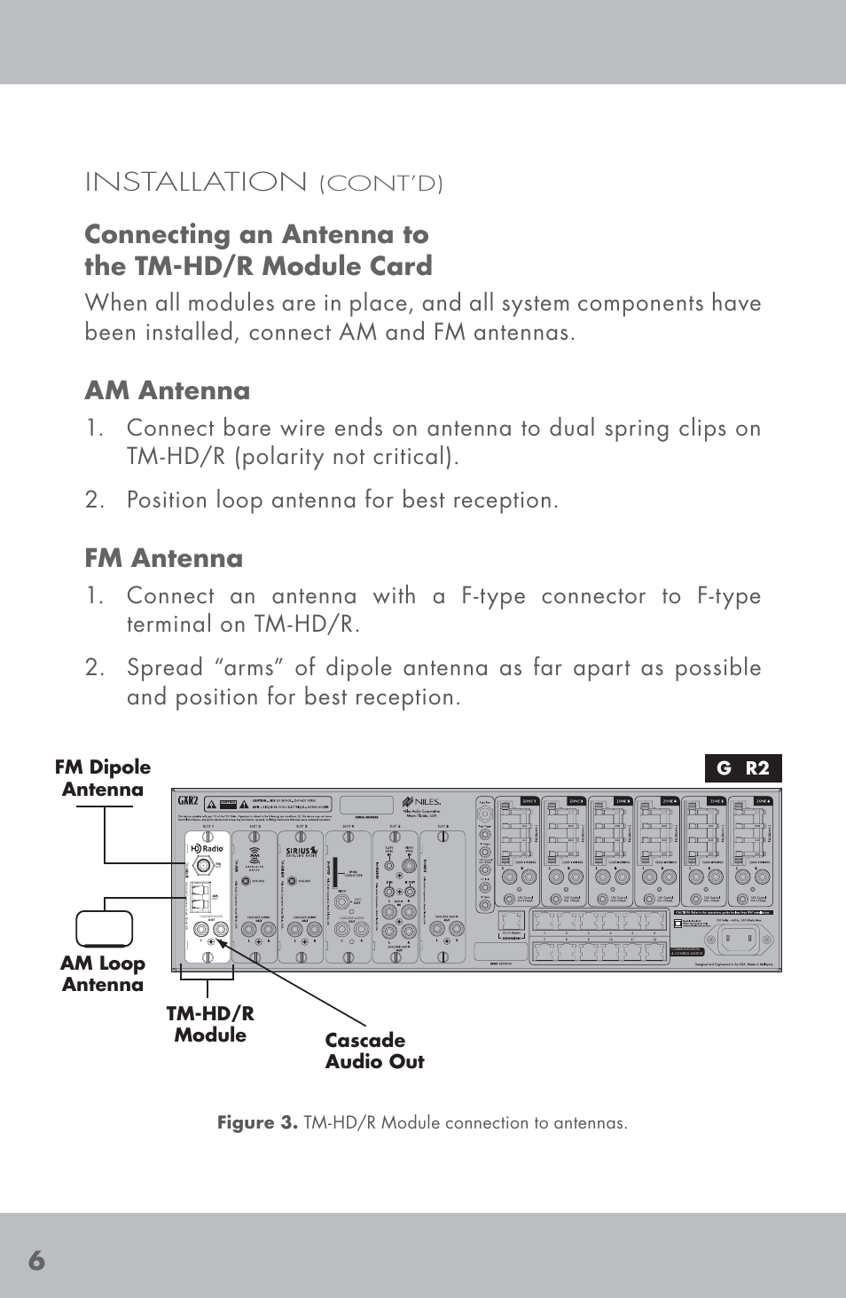 6installation, Connecting an antenna to the tm-hd/r module card, Am antenna | Fm antenna, Cont’d) | Niles Audio TM-HD/R User Manual | Page 8 / 32