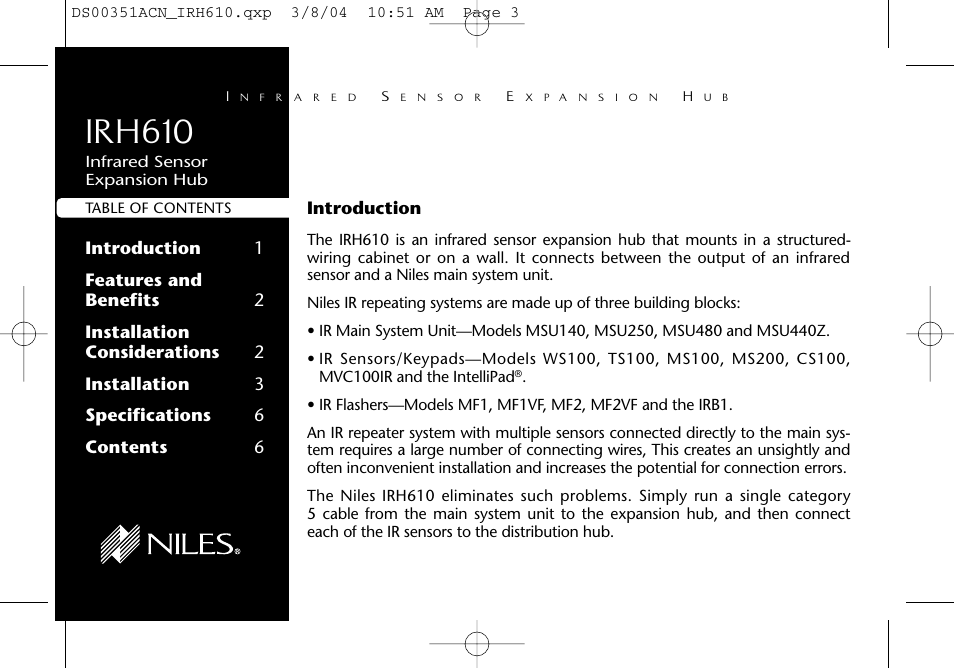 Irh610, Introduction | Niles Audio Infrared Sensor Expansion Hub IRH610 User Manual | Page 2 / 8