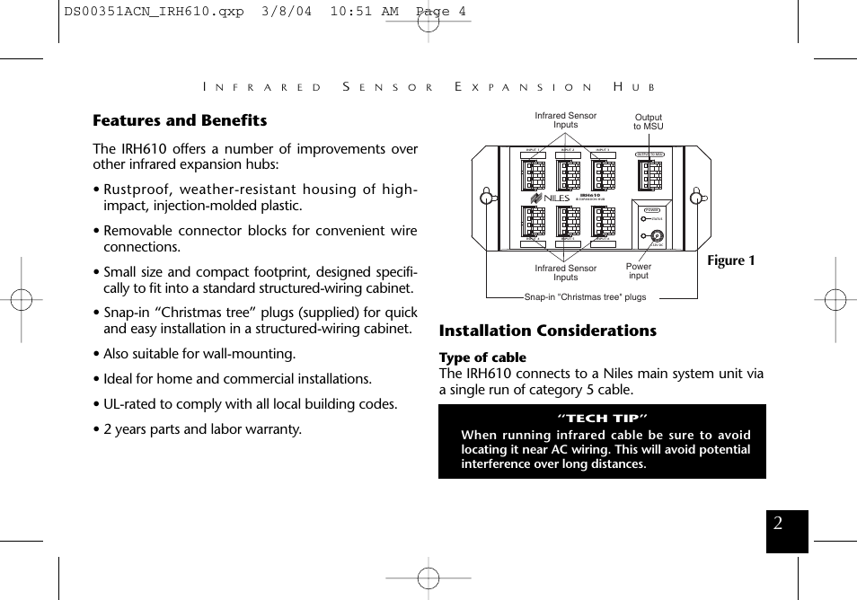 Features and benefits, Installation considerations, Figure 1 | Niles Audio Infrared Sensor Expansion Hub IRH610 User Manual | Page 3 / 8