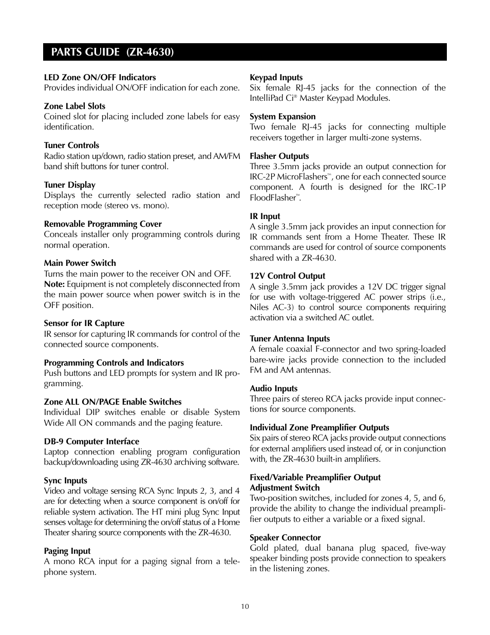 Parts guide (zr-4630) | Niles Audio ZR-4630s User Manual | Page 10 / 82