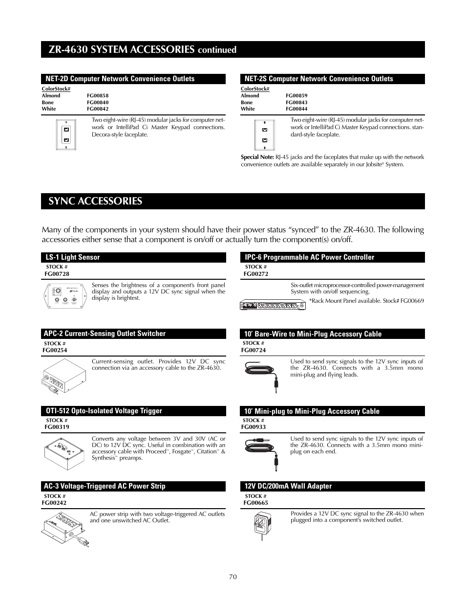 Sync accessories, Zr-4630 system accessories, Continued | Oti-512 opto-isolated voltage trigger, 10’ mini-plug to mini-plug accessory cable, 10’ bare-wire to mini-plug accessory cable, Net-2d computer network convenience outlets, Net-2s computer network convenience outlets, Max min | Niles Audio ZR-4630s User Manual | Page 78 / 82