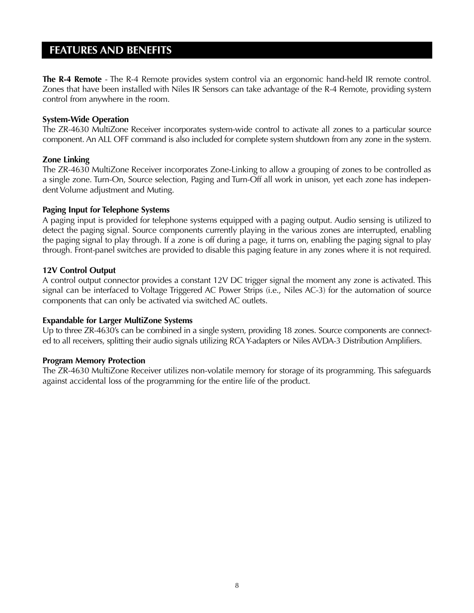 Features and benefits | Niles Audio ZR-4630s User Manual | Page 8 / 82